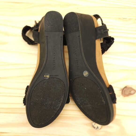 Lucky Brand Women's Sandals Sz 9 Black Fabric Open Toe Ankle Strap Wedge Bridal - Picture 7 of 8